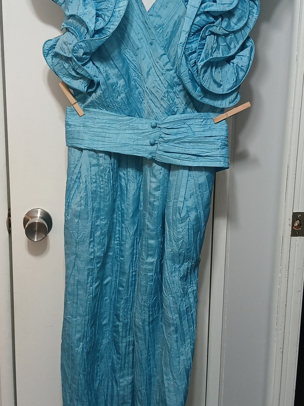 Blue Ruffle-Sleeve Jumpsuit with Wide Waistband